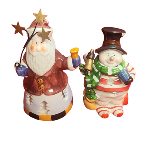 Festive Snowman and Santa Teelight Figurine with Green Scarf